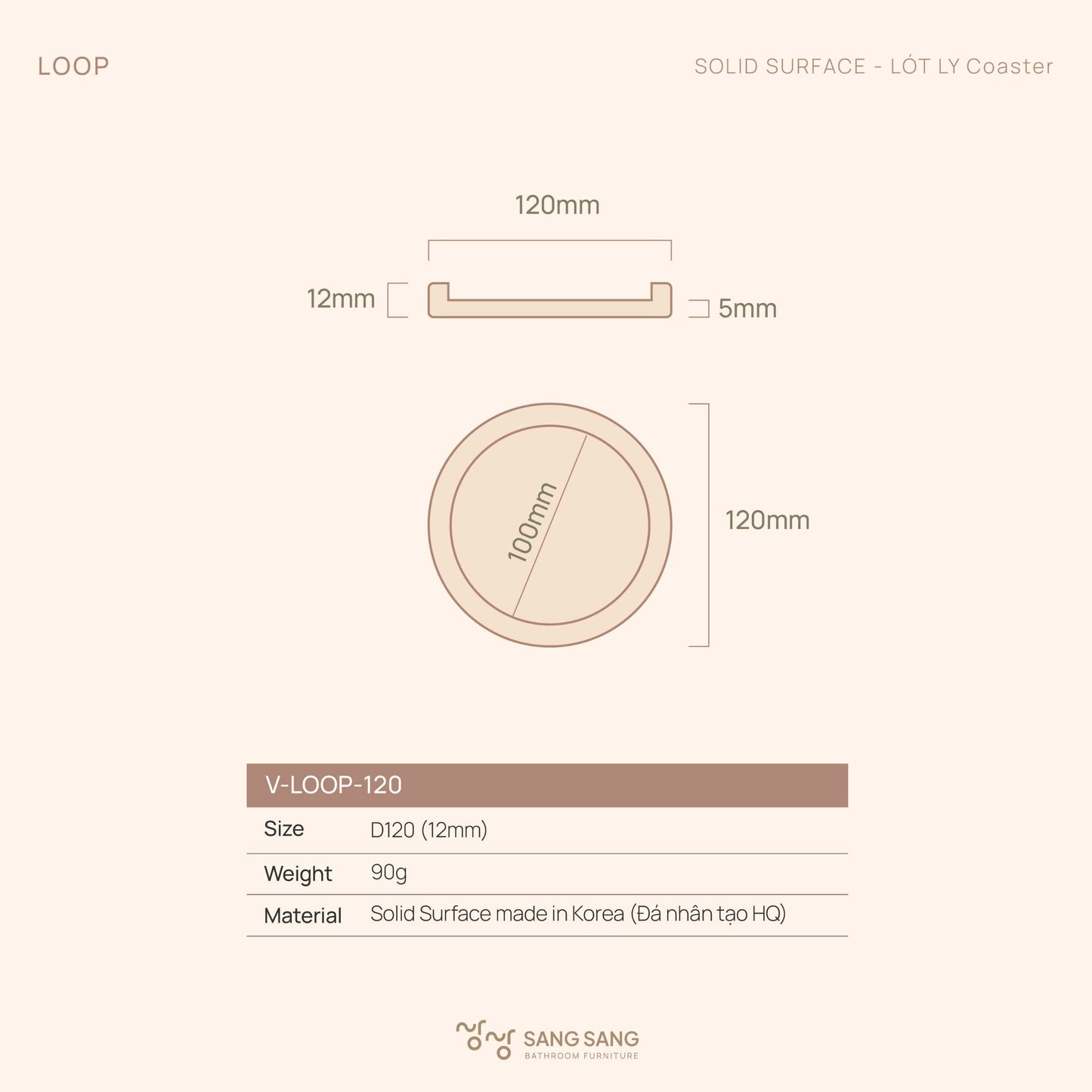 [V-LOOP-120] Đế lót ly bằng đá nhân tạo Hàn Quốc