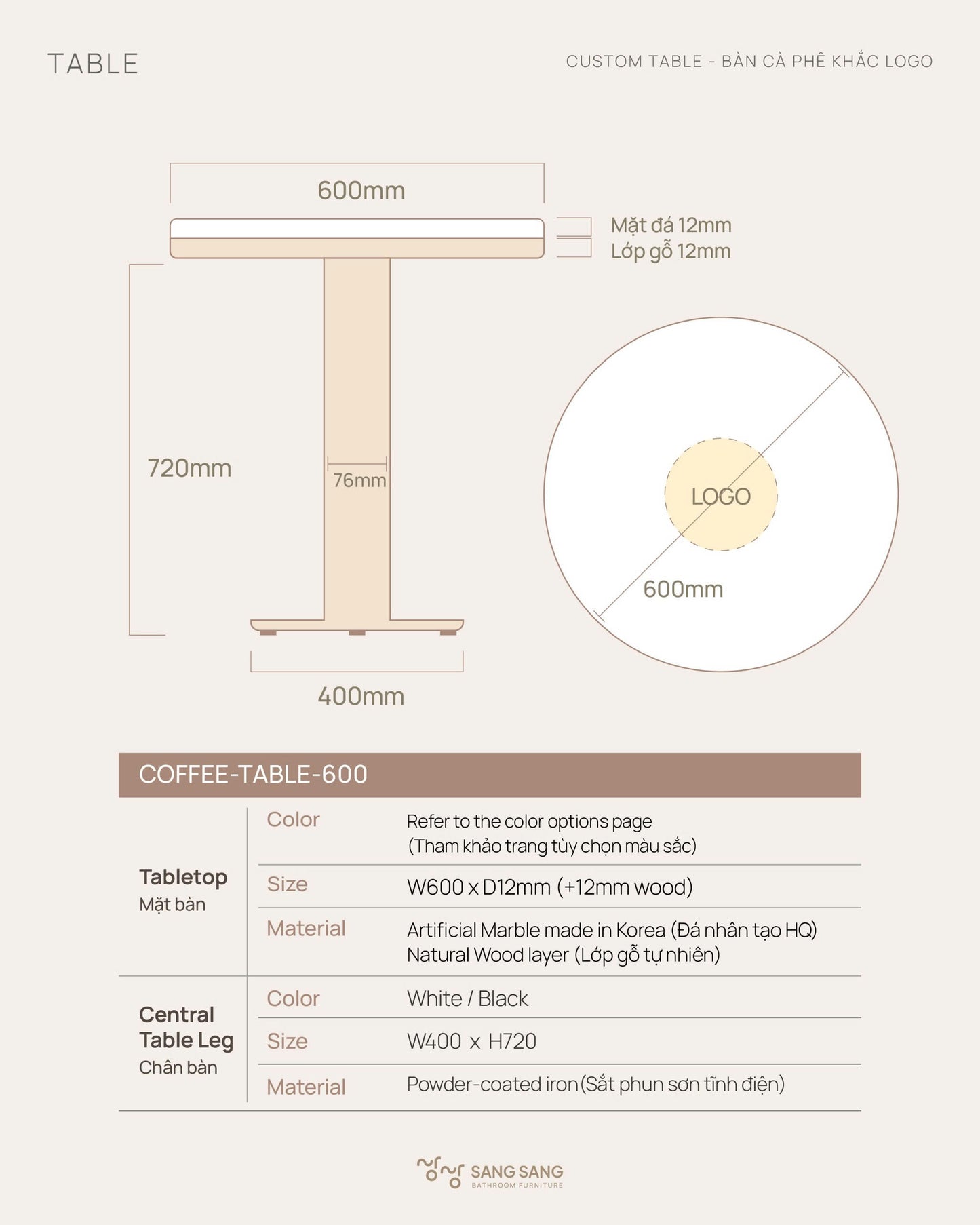 [COFFEE-TABLE-600] Bàn cà phê mặt đá nhân tạo Hàn Quốc