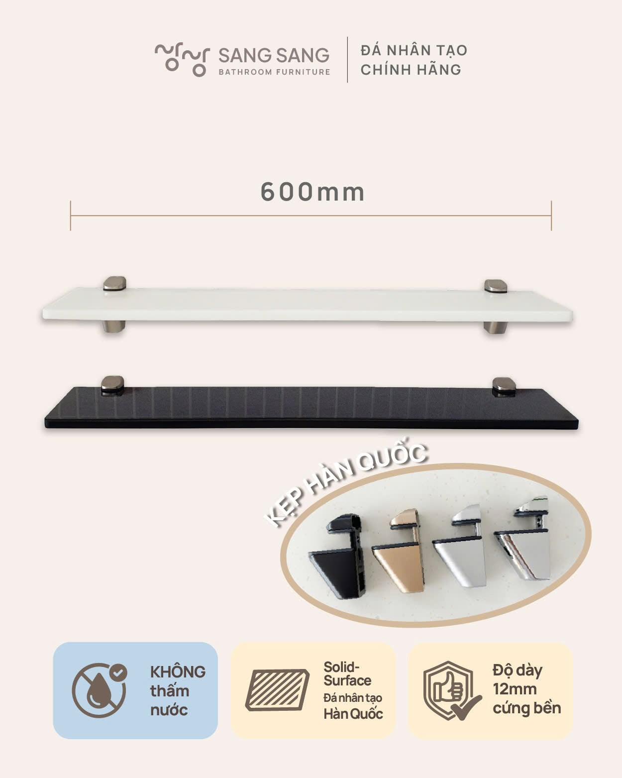 [V-LINE-600] Kệ treo tường mặt đá nhân tạo không thanh chắn